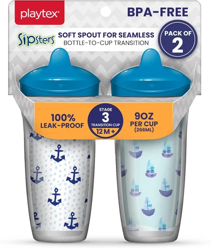Playtex Baby Sipsters - Vaso para sorber de boquilla dura para más de 12 meses, 9 onzas (2 unidades), diseño de ancla azul y velero, botella de agua
