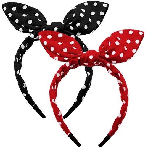 TOBATOBA Diademas de lazo para mujeres y niñas, paquete de 2 diademas de lunares, lindas orejas de conejo, accesorios para el cabello, rojo y negro
