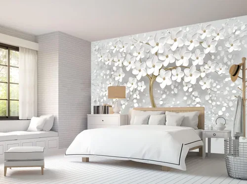 Miniatura 3 de Bormia - Mural de pared de árbol de flores 3D con cuerpo de árbol dorado, calcomanías de pared para sala de estar, dormitorio, habitación de niños