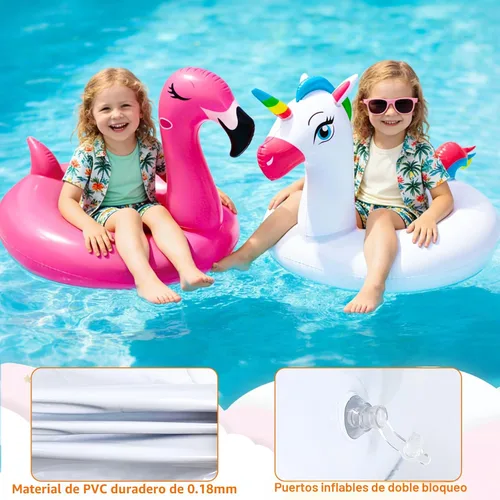 Miniatura 7 de Paquete de 2 flotadores inflables de flamenco y unicornio para niños de 3 a 8 años, flotadores divertidos, balsas, tubos de piscina, decoraciones