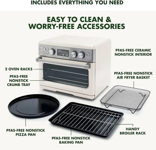 Miniatura 4 de GreenPan Horno de convección Elite 13 en 1 y freidora de aire, bandeja de cerámica sin PFAS y bandeja para pizza, estantes ajustables, ajustes Crema