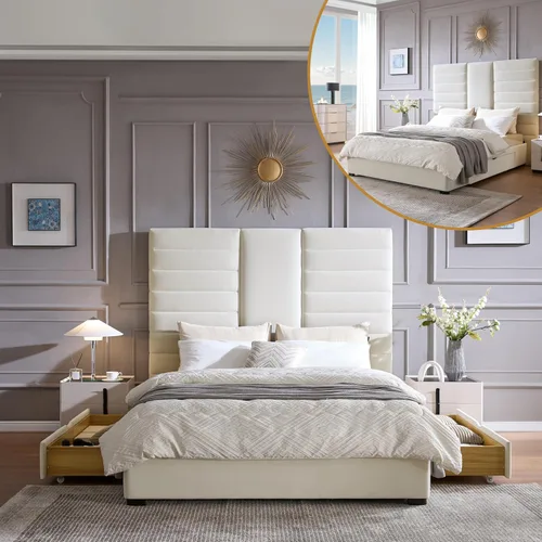 Miniatura 3 de Base de cama Queen de 63.6 pulgadas de alto, base de cama tapizada con 2 cajones de almacenamiento, listones de madera resistentes, sin ruido,