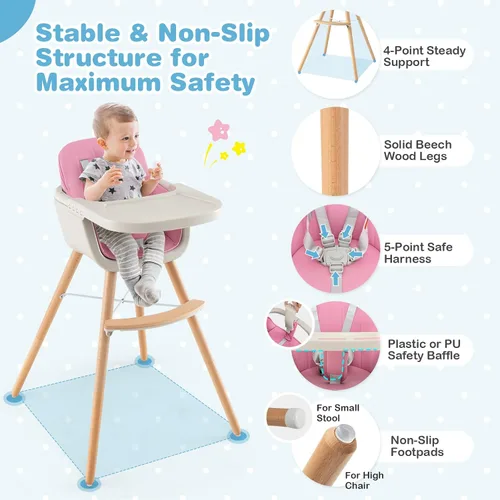 Miniatura 6 de HONEY JOY Silla alta para bebé, silla alta 6 en 1 de madera Eat & Grow con bandeja extraíble, arnés de 5 puntos, cojín de poliuretano y reposapiés