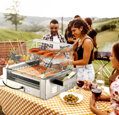 Miniatura 8 de ROVSUN Hot Dog Roller con 11 asadores para 30 hot dogs, máquina de cocción eléctrica de asador con cubierta, control de temperatura dual