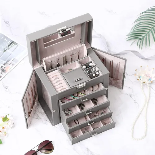 Miniatura 4 de BEWISHOME Joyero organizador de caja de joyería con cajones caja organizadora de collares regalo ideal para mujeres y niñas con espejo de cerradura