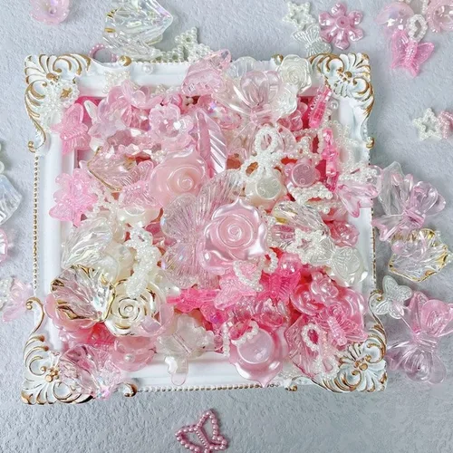 Miniatura 2 de 250 piezas de cuentas 3D con parte trasera plana, rosa y blanco surtido, cuentas de flores, lazos y mariposas con parte trasera plana, cuentas