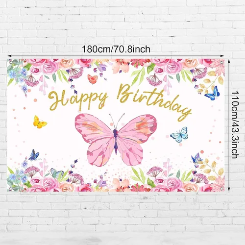 Miniatura 2 de Tatuo Telón de fondo de mariposa de feliz cumpleaños de 6 x 4 pies, decoración de fiesta de cumpleaños de mariposa rosa para niñas y mujeres