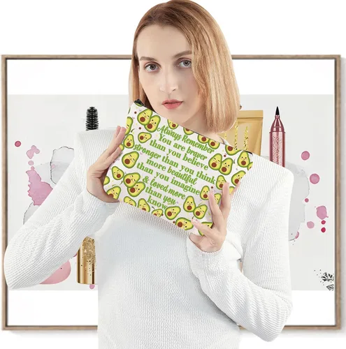 Miniatura 4 de LEVLO Divertida bolsa de maquillaje con diseño de aguacate, regalo inspirado en los amantes del aguacate, con texto en inglés "You Are Braver