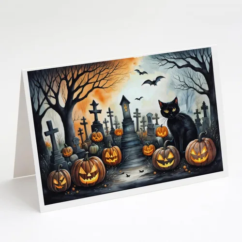 Miniatura 60 de Caroline's Treasures DAC2223GCA7P - Tarjetas de felicitación y sobres de Halloween espeluznantes de gato negro, paquete de 8 tarjetas en blanco
