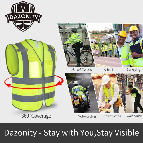 Miniatura 5 de Dazonity Chaleco de seguridad de alta visibilidad con múltiples bolsillos y cremallera, M, tiras reflectantes, apto para hombres y mujeres, trabajo