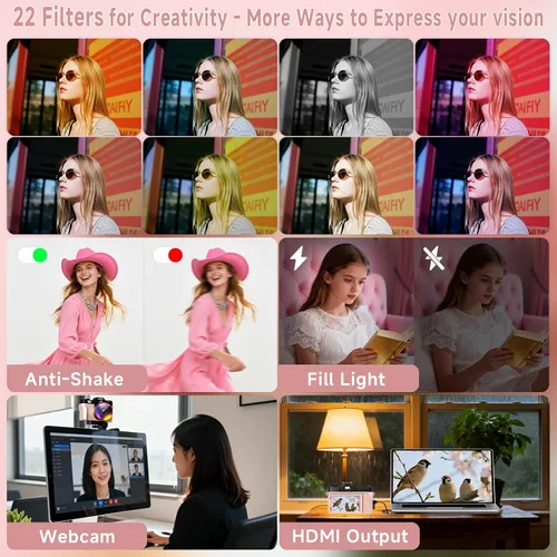 Miniatura 6 de Cámara digital 6K para fotografía con enfoque automático, cámara de videoblogs WiFi de 64MP para YouTube con pantalla giratoria de 3" 180°, zoom Rosa