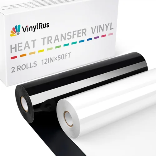 VinylRus Vinilo de transferencia de calor, rollo de vinilo para planchar en blanco y negro de 12 pulgadas x 50 pies para camisas, vinilo HTV para