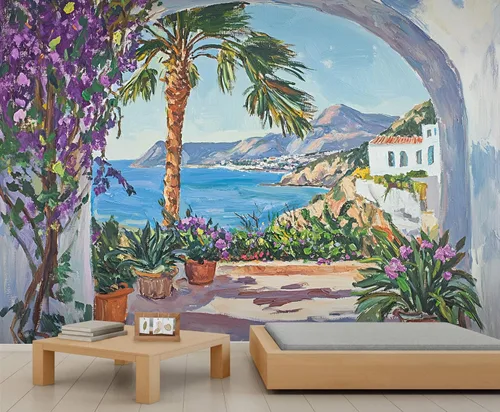 Miniatura 19 de Papel tapiz 3D de bicicleta rosa vintage, murales de flores de paisaje de primavera para sala de estar, pintura al óleo, papel tapiz rústico