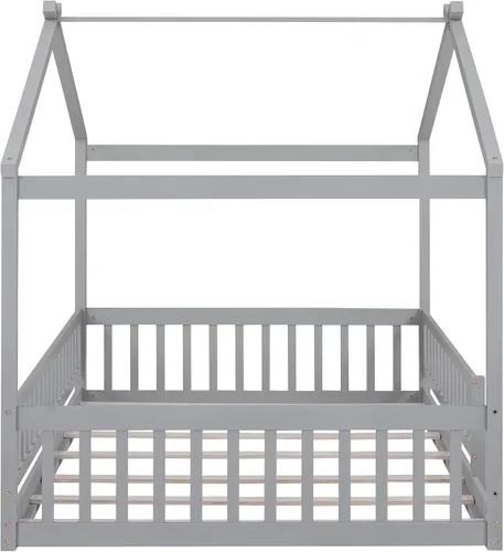 Miniatura 6 de MERITLINE Cama individual Montessori para niños, marco de cama individual Montessori con rieles y techo, no necesita somier, para niños, Gris