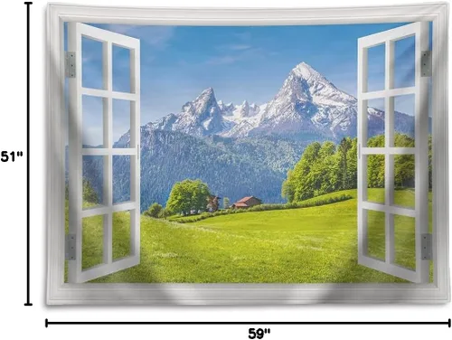 Miniatura 6 de Tapiz de naturaleza, montañas majestuosas en la temporada de primavera con cielo de hierba fresca y paisaje de cabaña de campo, vista de ventana