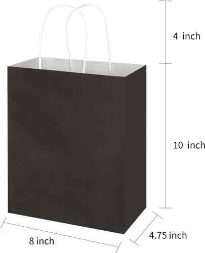 Miniatura 7 de Toovip Paquete de 100 bolsas de papel kraft negras medianas de 8 x 4.75 x 10 pulgadas con asas a granel, bolsas de regalo para regalos
