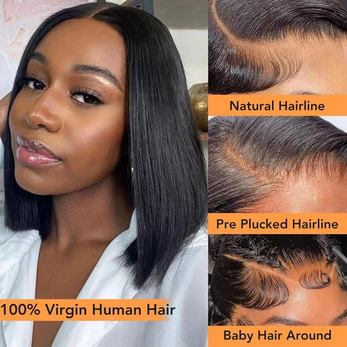 Miniatura 3 de Hoacon Peluca Bob de pelo humano 13x4 con encaje frontal para mujeres negras, peluca HD con encaje frontal de pelo humano, sin pegamento, Negro