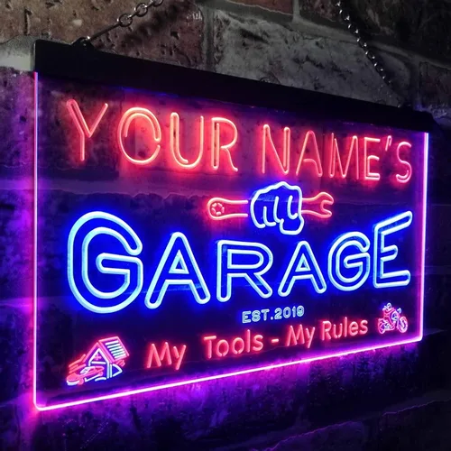Miniatura 3 de ADVPRO Personalizado: Tu Nombre Año Establecido Tema Garaje Cueva de Hombres Decoración Doble Color LED Neón Azul & Rojo 12" x 8.5" st6s32-pp1-tm-br