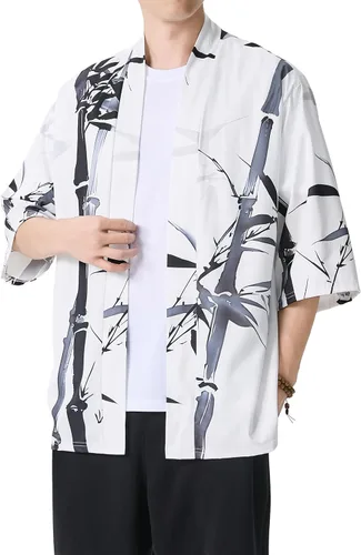 Miniatura 3 de PRIJOUHE Chaqueta Kimono Ligera para Hombre de Manga Tres Cuartos con Frente Abierto Cárdigan Estilo Japonés