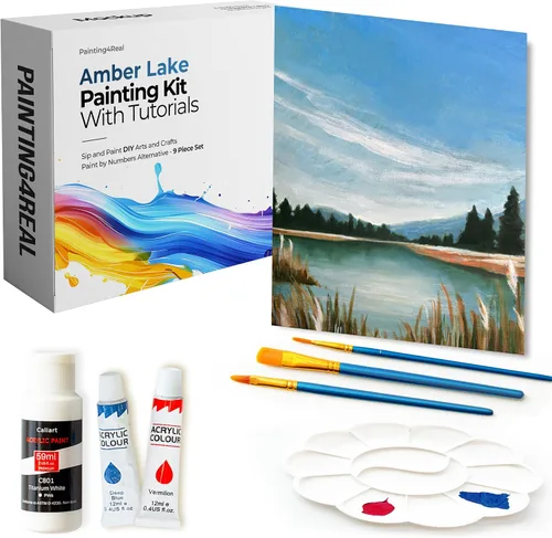 Painting4Real Kit de clase de pintura de bricolaje para adultos con tutoriales en video: Aprende a pintar Amber Lake - Cómo pintar con acrílicos -