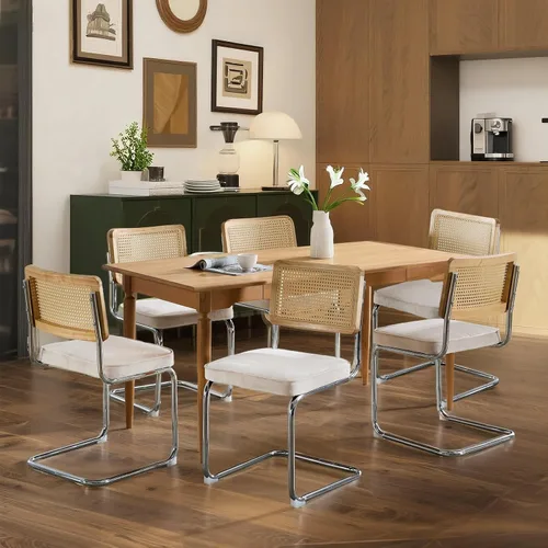 Miniatura 10 de Juego de 4 sillas de comedor de terciopelo tejidas a mano con respaldo de ratán y base cromada, silla de cocina de mediados de siglo, para comedor