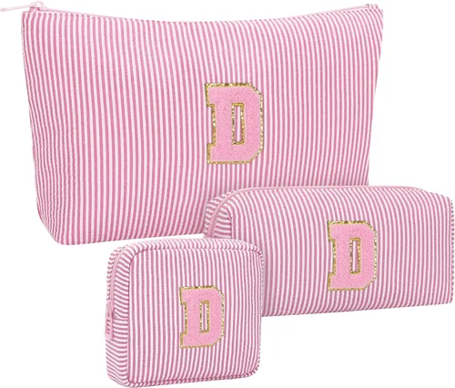 Miniatura 92 de Juego de bolsas de maquillaje con iniciales para niñas y mujeres, bolsa de cosméticos con monograma con soporte para cepillos, estuche de maquillaje