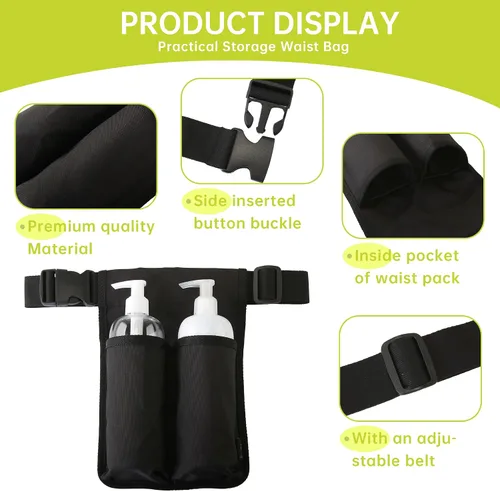 Miniatura 3 de Cinturón de aceite de masaje, soporte de loción de doble bolsillo, organizador de cintura ajustable para terapeuta de spa para suministros de Negro