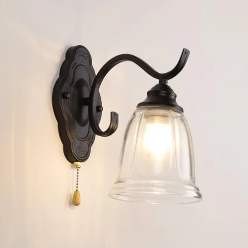 Miniatura 6 de Lámpara de pared con interruptor de cadena E27, retro, para dormitorio, mesita de noche, apliques de pared con pantalla de metal y vidrio, acabado
