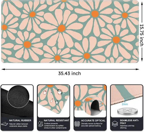 Miniatura 2 de iCasso Alfombrilla de escritorio, XXL Alfombrilla grande para mouse, con base antideslizante y bordes cosidos, para trabajo y juegos (floral verde)