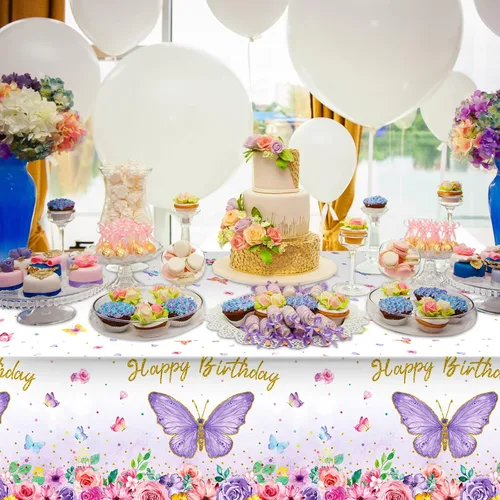Miniatura 6 de Tegeme Mantel rectangular con diseño de mariposas y feliz cumpleaños, decoración de fiesta de mariposa, mantel de plástico con temática de primavera