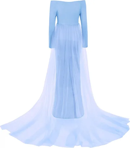 Miniatura 4 de Vestido de maternidad de manga larga con hombros descubiertos para mujer, de tul elegante, ajustado, para baby shower, fotografía, maxi vestido