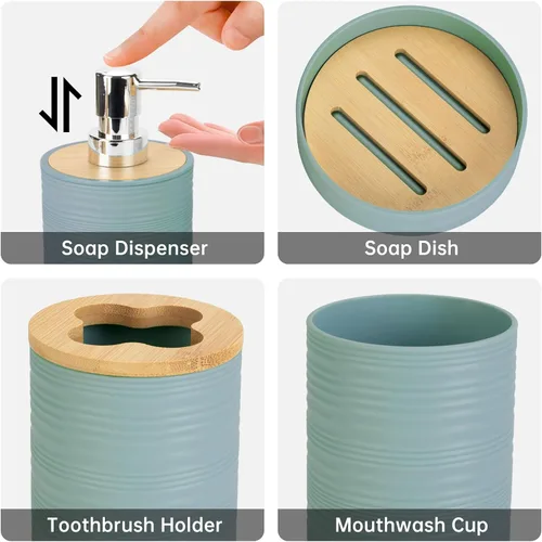 Miniatura 3 de Juego de accesorios de baño de bambú de 4 piezas, juego de accesorios de baño con dispensador de jabón y soporte para cepillos de dientes, jabonera