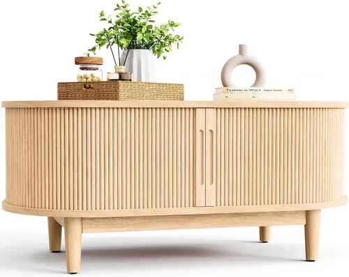 Miniatura 10 de LINSY HOME - Mesa de centro redonda, mesa de centro de 31.5" con puerta de tambor deslizante, mesa auxiliar acampanada con almacenamiento, mesa