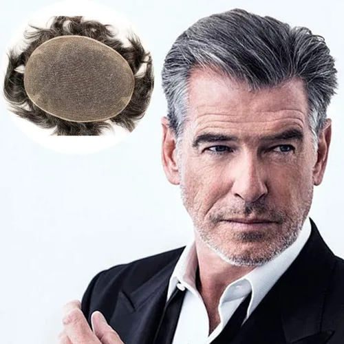 Voloria Swiss Full Lace Hombres Toupee 1B Color Negro Cabello Humano Real Mezclado 20% Gris Pelo Sintético Reemplazo para Hombres Hairpiece
