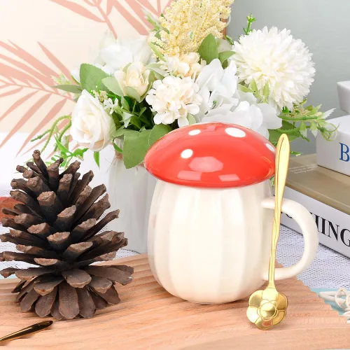 Miniatura 6 de Taza de hongo, bonita taza de café con tapa, cuchara de flores, infusor de té, juego de tazas de té de hongos Kawaii, 8.5 fl oz/8 onzas para leche