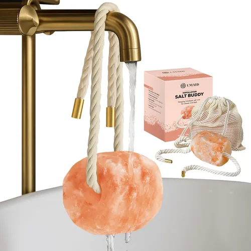 UMAID Roca de sal rosa del Himalaya para ducha y baño - Salt Buddy™ Piedra mineral colgante de 2 libras para relajación inspirada en el spa, cuidado