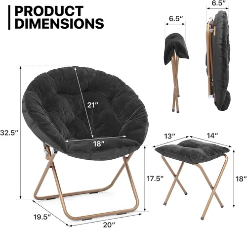 Miniatura 3 de MoNiBloom Silla redonda plegable de piel sintética para dormitorio, sala de estar, dormitorio, marco de metal plegable, de gran tamaño, cómoda, Negro
