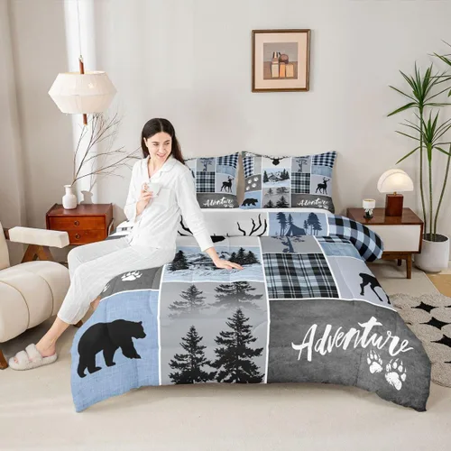 Miniatura 67 de Juego de edredón de cuernos de ciervo tamaño individual, juego de ropa de cama rústica de granja con huellas de oso y pinos para decoración