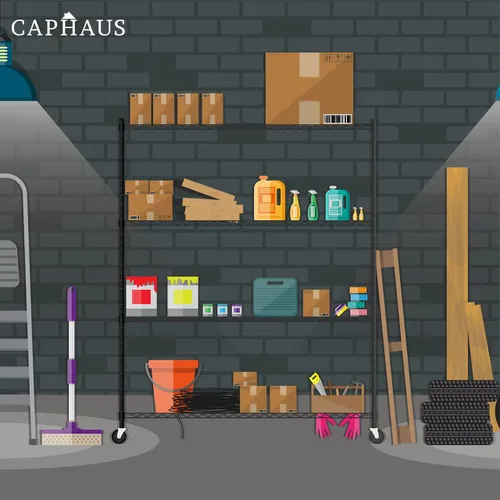 Miniatura 9 de CAPHAUS Estantería de Alambre de Servicio Pesado de Grado Comercial de 4 Niveles con Altura Ajustable, con Ruedas y Pies Niveladores, Estante de Sin