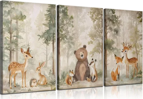 Miniatura 7 de MIZILI Lienzo de animales del bosque para cuarto de bebé, arte de pared, pinturas de animales salvajes, acuarela, decoración de pared, oso zorro