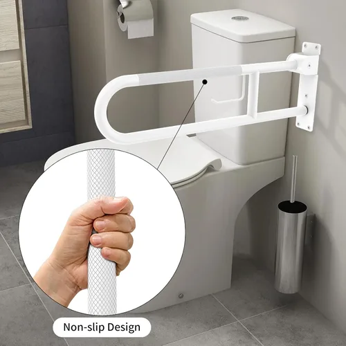 Miniatura 4 de Barra de sujeción para inodoro de 77 cm, YuanDe, riel de apoyo antideslizante blanco, barra de sujeción plegable en forma de U con porta papel