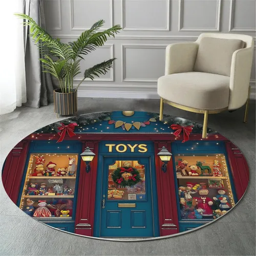 Miniatura 4 de Christmas Round Rug 6Ft Christmas Toy Window Display Washable Round Area Rug for Living Room Retro Theme Non Slip Soft Faux Wool Carpet Navy Blue