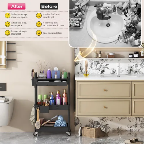 Miniatura 7 de Goovilla Carrito Organizador de Maquillaje Rodante con Cajón Extraíble, Carrito de Almacenamiento de Cuidado de la Piel de 3 Niveles Estable Negro