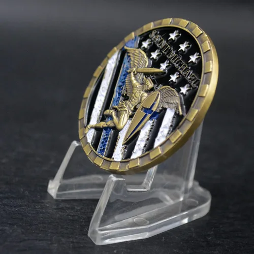Miniatura 6 de Glamtune EEUU Policía Policía Oficial Challenge Coin Saint Michael Thin Blue line Oración Militar Moneda