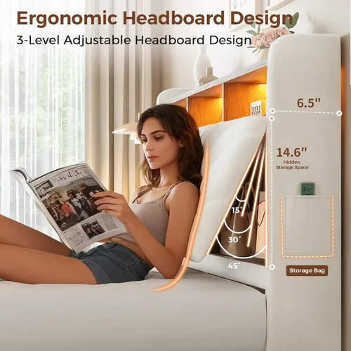 Miniatura 3 de Jocoevol Marco de cama de terciopelo tamaño twin con cabecera ergonómica, plataforma tapizada con luz LED y estación de carga, soporte de listones