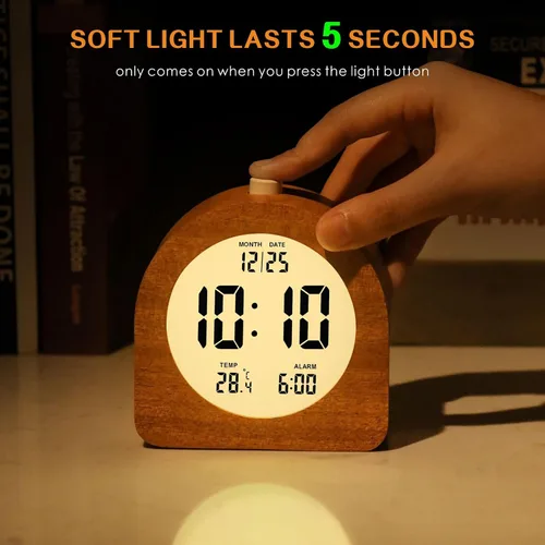 Miniatura 2 de Plumeet Reloj Despertador Digital de Madera para Dormitorios, Reloj Despertador de Madera de 4'' a Batería con Repetición y Luz Nocturna, Reloj