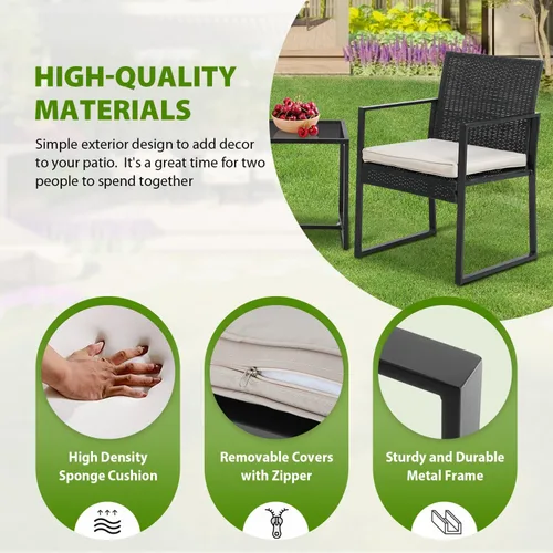 Miniatura 6 de PayLessHere Juego de muebles de patio al aire libre de 3 piezas Caqui Moderno juego de bistró de ratán con sillas acolchadas y mesa de centro