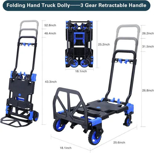 Miniatura 3 de Carro de mano 2 en 1 plegable, carrito de mano de capacidad de 330 libras, carrito de mano plegable con mango retráctil, carretilla de mano plegable