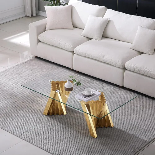 Miniatura 210 de Mesa de centro de cristal de lujo, mesa de centro de sofá de 47 pulgadas con marco de acero inoxidable dorado y parte superior de vidrio negro, mesa