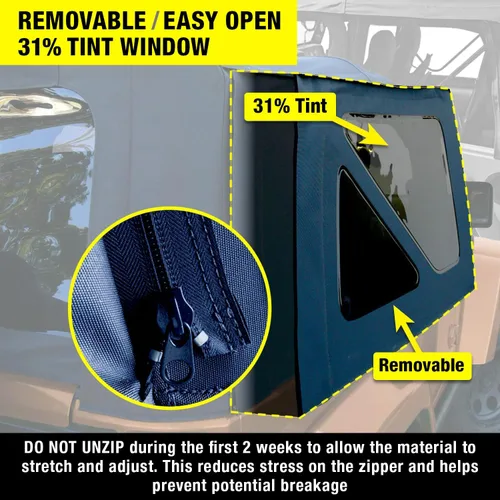 Miniatura 4 de Revestimiento superior estilo de fábrica Sierra Offroad para Jeep Wrangler TJ (1997-2002), funda blanda con vidrios polarizados, sin puertas Negro